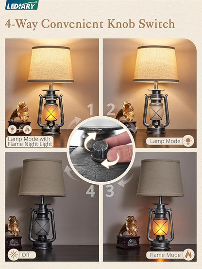 LEDIARY 18.72" Sliver LED Lantern Flickering Flame Table Lamps for Bedrooms Set of 2, Small Farmhouse Rustic End Table Lamps, Halloween Decorative Lantern Bedside Lamps for Living Room