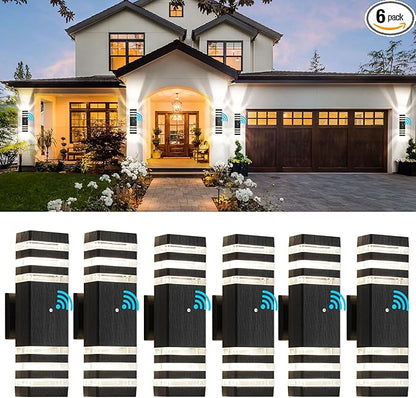 tewei 6 Pack Outdoor Wall Lights Dusk to Dawn Exterior Light Fixture, 3-Layer Black Outdoor Lights for House, IP65 Waterproof Up and Down Outside Porch Lights for Garage Patio, 3000K