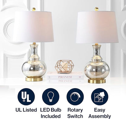 JONATHAN Y JYL1068A-SET2 25" Mercury Glass Table Lamp Set of 2 for Living Room Bedroom, Contemporary Glam Bedside Nightstand Lamps with White Linen Drum Shade and Brass Gold Base, LED Bulbs Included