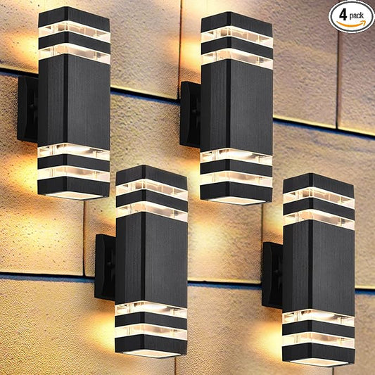 DASTOR 4 Pack Outdoor Wall Lights, Modern Exterior Lighting Fixtures Wall Mount, 2-Layer Black Outdoor Lights for House, Up and Down Lights Outdoor Sconces Wall Lighting for Porch Patio Garage