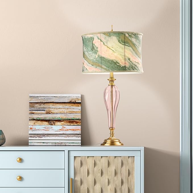 RIVER OF GOODS 33" H Romance Pink/Green Drum Shade Geometric Glass Table Lamp