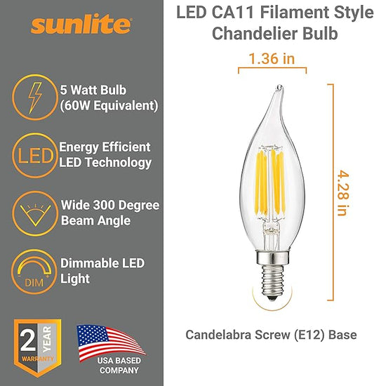 Sunlite 41353-SU LED Filament Chandelier Light Bulb with Flame Tip, ETL Listed, 5 Watts (60W Equivalent), Candelabra Base (E12), Clear, Dimmable, 12 Count, 4000K - Cool White