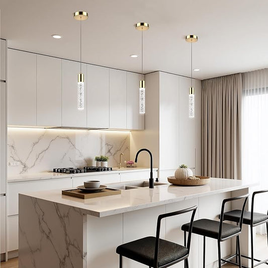 Pendant Lights Kitchen Island, 6500K Modern Kitchen Island Lights Brushed Gold, 3 Pack Ceiling Lighting Fixtures with Crystal Bubble, Integrated LED Hanging Light for Dining Room Restaurant
