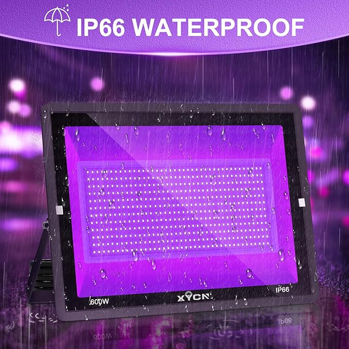 2 Pack 600W LED Black Lights, 395nm to 410nm Outdoor Flood Blacklight Light with Plug, IP66 Waterproof forGlow in The Dark, Dance Party, Stage Lighting, Body Paint, Fluorescent Poster, Neon Glow