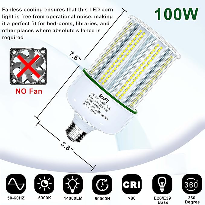 100W LED Corn COB Light Bulb,LED Corn Bulb 5000K Daylight White,2-Pack 1000W Equivalent,Super Bright,E26/E39 Base for Indoor Outdoor Workshop Garage Warehouse High Bay Lighting G3 (100W 2PACK)