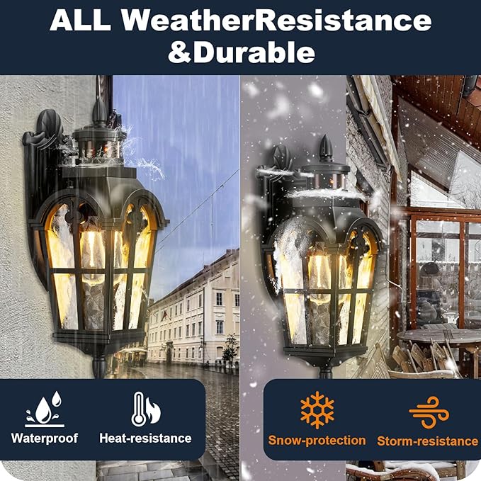 Motion Sensor Outdoor Wall Lights, 220° Dusk to Dawn Exterior Lighting Fixtures with Tempered Glass, Vintage Style IP65 Waterproof for Porch, Garage, House (Black)