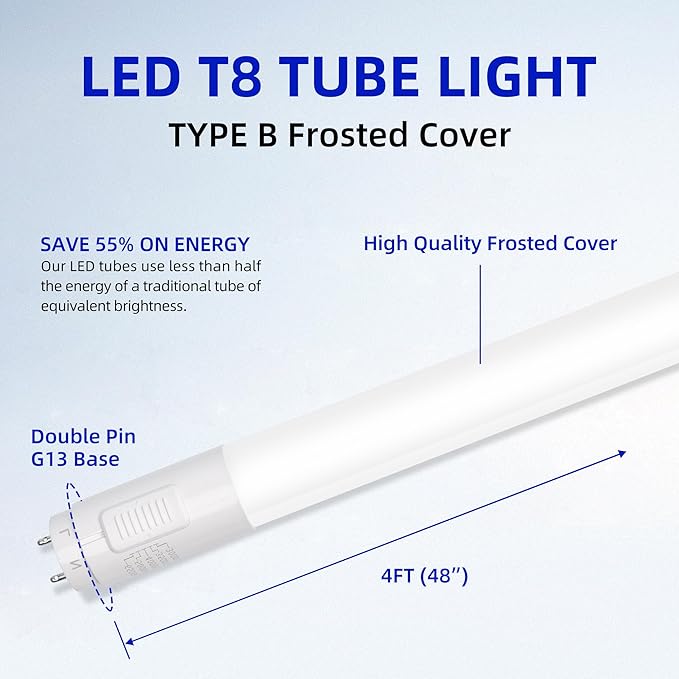 hykolity 20 Pack 5CCT 4FT LED T8 Ballast Bypass Type B Light Tube, 18W, 3000K/3500K/4000K/5000K /6500K Selectable, Single or Double End Powered, 2400lm, T8 T10 T12 Tube Light, 120-277V, UL, FCC