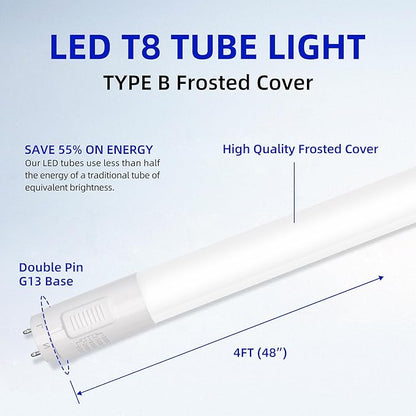hykolity 20 Pack 5CCT 4FT LED T8 Ballast Bypass Type B Light Tube, 18W, 3000K/3500K/4000K/5000K /6500K Selectable, Single or Double End Powered, 2400lm, T8 T10 T12 Tube Light, 120-277V, UL, FCC