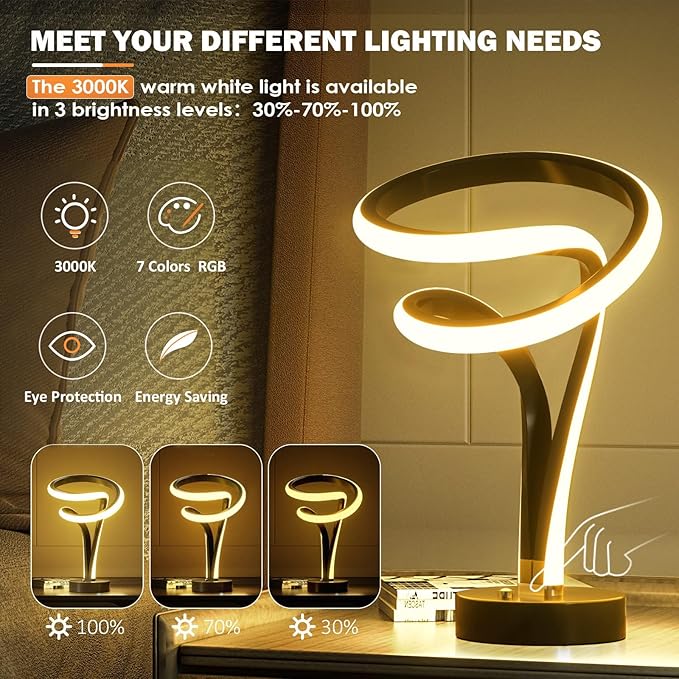Modern Spiral RGB Table Lamp, Unique, 7 Colors 10 Light Modes LED, Touch Dimmable Cool Nightstand Lamps for Living Room Bedroom Office, Ideal Gift (Black)