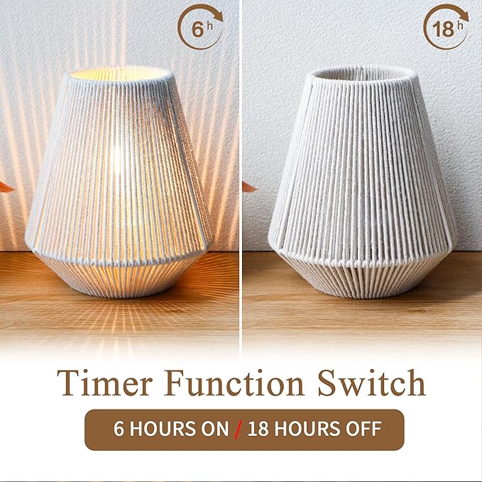 JHY DESIGN Set of 2 Woven Lampshade Table Lamps 8" H Cotton Rope Bedside Light‌s Cordless Decorative Battery Operated Lamps with 6 Hours Timer for Bedroom Living Room Home Parties Patio Events