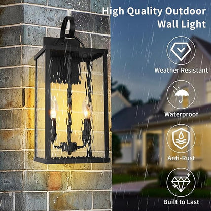 Outdoor Wall Light Fixture, 2-Light Modern Black Exterior Wall Lantern with Water Ripple Glass, Matte Rustic Waterproof Wall Sconce for Porch, Garage, Yard, Front Door, Patio, Garden