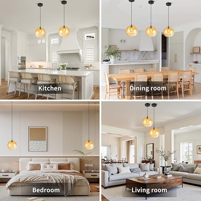 Amber Glass Pendant Ceiling Light Fixture Mid Century Modern Globe Hand Blown Glass Pendant Light Ceiling Hanging Light fixtures for Kitchen Island Dining Room Light Fixture,11.8inch