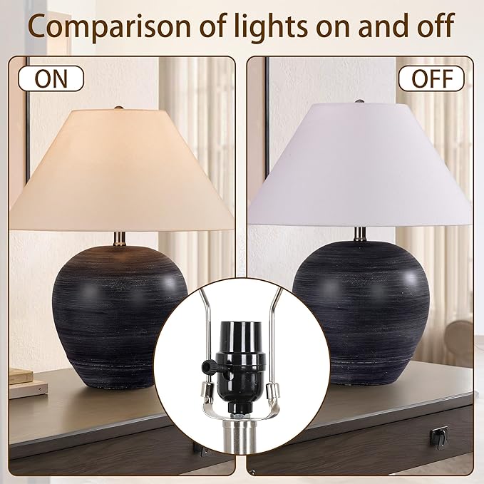 Farmhouse Ceramic Table Lamp Set of 2, 21" Rustic Table Lamp with Linen Shade, 3-Way Dimmable Bedside Nightstand Lamps for Bedroom, Living Room, E26 Socket, Black with White Striped