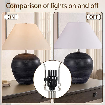 Farmhouse Ceramic Table Lamp Set of 2, 21" Rustic Table Lamp with Linen Shade, 3-Way Dimmable Bedside Nightstand Lamps for Bedroom, Living Room, E26 Socket, Black with White Striped