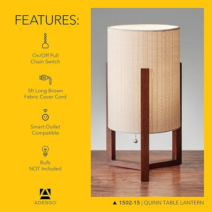 Adesso Quinn Table Lantern - Walnut Birch Wood & Natural Linen Shade – Perfect Nightstand, End Table, and Desk Lamp