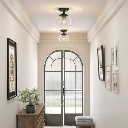 VONLUCE Industrial Semi Flush Mount Ceiling Light, 8.3" Ceiling Light Fixture with Clear Glass Shade, Farmhouse Lighting for Hallway Kitchen Bedroom Entryway, Matte Black Flush Mount Light Fixture