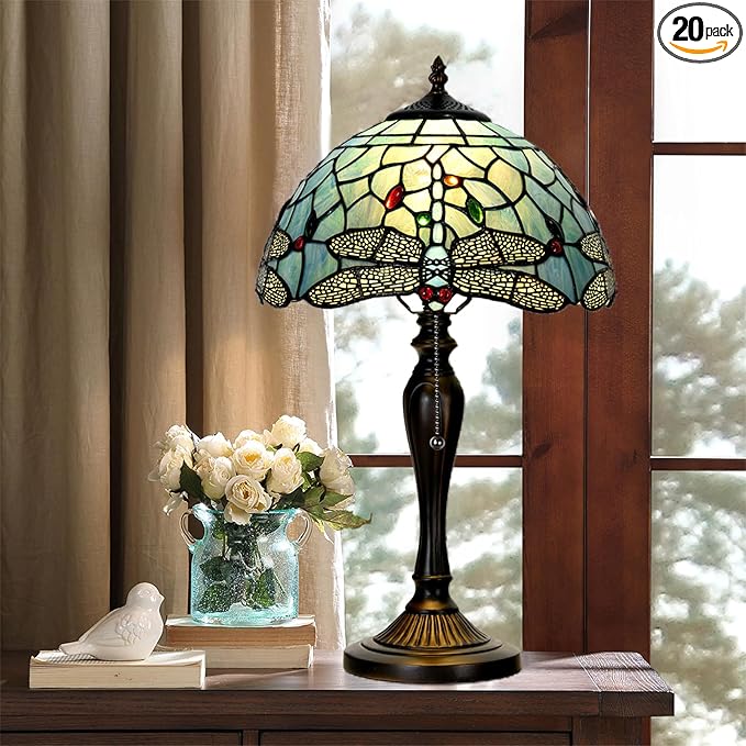 TL0023 Tiffany Style Dragonfly Table Lamp Stained Glass Blue Shade Reading Desk Light 12 X 20 Inches for Bedroom Living Room Home Office, Vintage Handcrafted Accent Décor, LED Blub Included