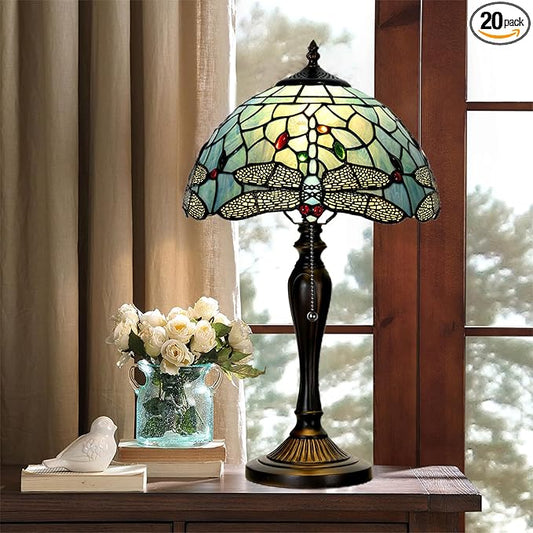 TL0023 Tiffany Style Dragonfly Table Lamp Stained Glass Blue Shade Reading Desk Light 12 X 20 Inches for Bedroom Living Room Home Office, Vintage Handcrafted Accent Décor, LED Blub Included
