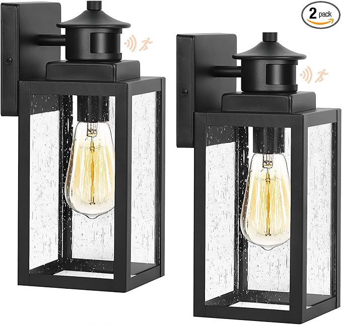 BesLowe 2-Pack Motion Sensor Outdoor Wall Lights, Dusk to Dawn Porch Lights Outdoor Sconces with Seeded Glass, Black Exterior Lighting Fixtures Wall Mount, Outside Lights for House Front Door Garage