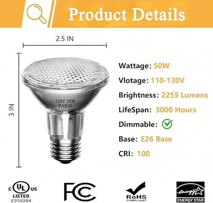 Par20 Halogen Flood Light Bulb, 50W 120V PAR20 Light Bulb, Dimmable, E26 Base, 2700K Warm White, 3000 Hours for Indoor Range Hood, Track Oven, Ceiling Can Lamp（6Pack）