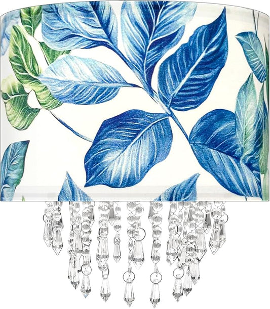 Blue Leaf Tropical Leaf Lamp Shade with Acrylic Bead Droplets, Drum Fabric Light Shade for Ceiling Pendant Table or Floor Lamps, Botanical Nature Home Decor, 11.8in