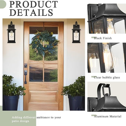 Outdoor Sconce Lights，Black 13 inch Outdoor Wall sconces，Aluminum & Tempered Glass Exterior Sconce，Waterproof Rustproof Porch Lighting for Front Door，Garage，Patio
