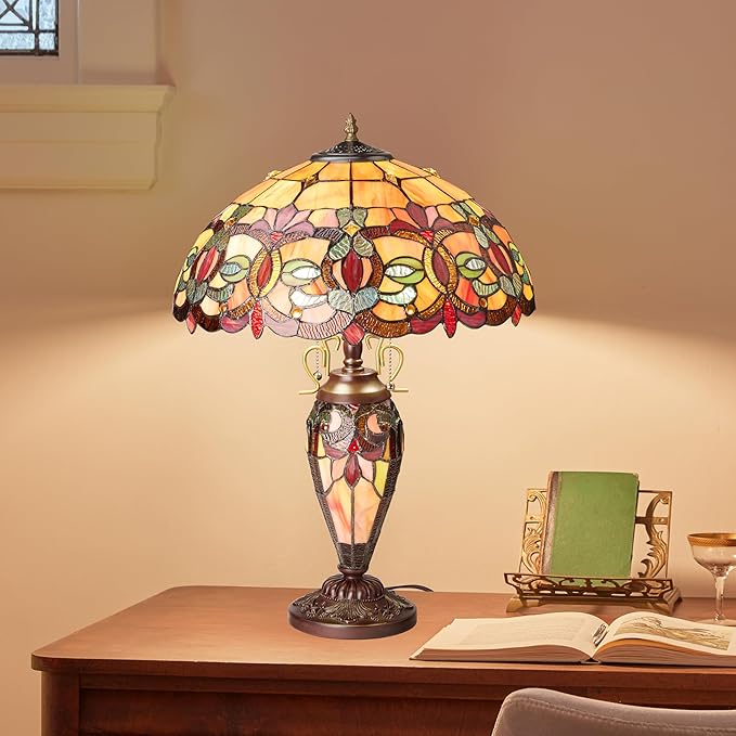 RIVER OF GOODS 24.5" H Victorian Amber Dome Shade Double Lit Tiffany-Style Stained Glass Table Lamp