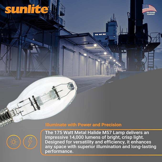 Sunlite 02515 MH175/U/MOG M57 Metal Halide Lamp, 175 Watts, Mogul Base (E39), ED28, 10,000 Hour Life Span, 14000 Lumen, Clear Finish, 4000K (2-Pack)