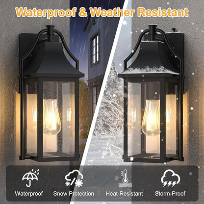 Dusk to Dawn Outdoor Wall Light, Waterproof Wall Sconces, Exterior Wall Mount Lantern Sconce with Glass, Black Patio Lanterns for House Garage Front Door, 14.8in, 1 Pcak
