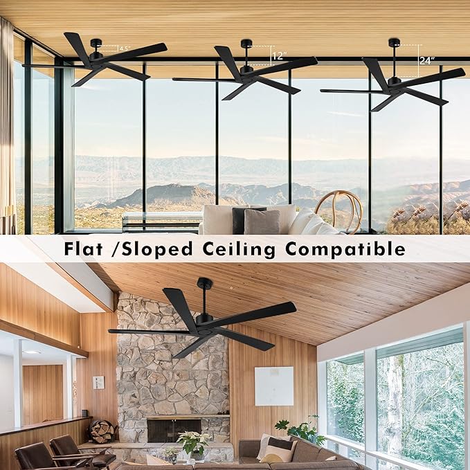 WINGBO 72 Inch DC Ceiling Fan No Light with 3 Downrods, 5 Reversible Carved Solid Wood Blades, 6-Speed Noiseless DC Motor, Large Ceiling Fan without Lights in Black Finish, ETL Listed