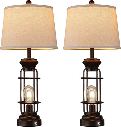Table Lamps for Living Room Set of 2, 28.5" Farmhouse Lamps for Nightstand with USB C+A Ports, Touch Lamps for Bedroom, LED Bulbs Included