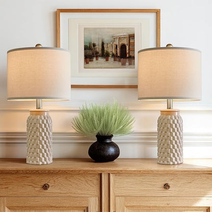 20.5" Set of 2 Bedside Table Lamps Modern Cream Honeycomb Ceramic - Linen Shade, E26 Knob Switch for Living Room, Bedroom & Nightstand