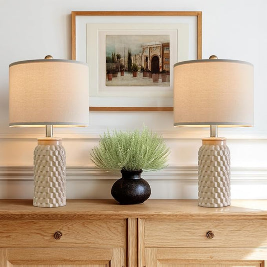 20.5" Set of 2 Bedside Table Lamps Modern Cream Honeycomb Ceramic - Linen Shade, E26 Knob Switch for Living Room, Bedroom & Nightstand