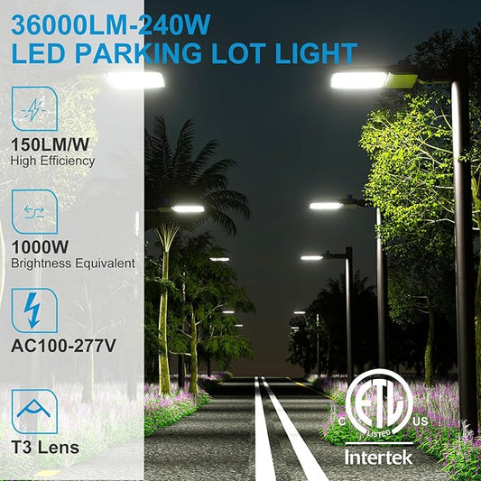 5Pack 240W LED Parking Lot Lighting 36000LM 5000K Pole Lights Outdoor with Smart Dusk to Dawn LED Parking Lot Lights Outdoor Pole Mount for 30~50Ft Yard,Driveway,Stadium,Roadway-7Yrs Warranty