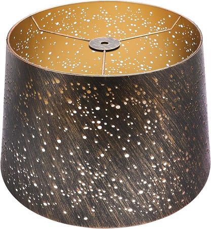 Metal Etching Starlight Lampshade, Medium Drum Lampshades for Table and Floor Lamps, Exquisite Star Pattern, Antique Copper Exterior and Gold Interior, 10" Top X 12" Bottom X 8" High, Spider Fitting