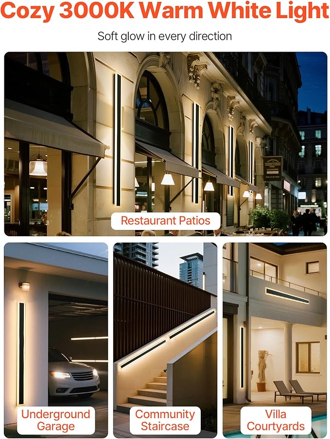 VEVOR Outdoor Wall Lights, 2 Pack, 47.2 Inch Long Strip Modern Exterior Wall Sconce Light Fixtures, 3000K Warm White, IP65 Waterproof Anti-Rust Outside Wall Mount Lighting, for House, Porch, Garage