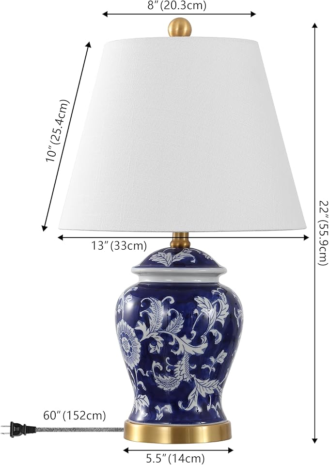 JONATHAN Y JYL3005D 22" French Country Ginger Jar Table Lamp, Navy and White Chinoiserie Ceramic Bedside Lamp for Living Room, Traditional Bedroom Nightstand with White Linen Shade, LED Bulb Included