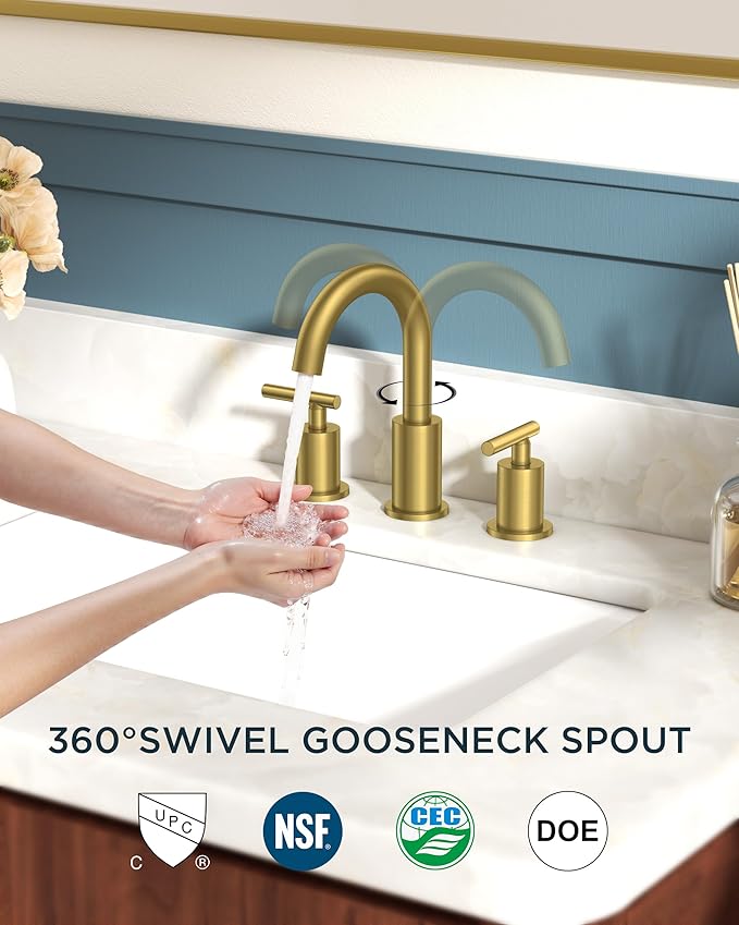 FORIOUS 2 Pack 8 Inch Widespread Brushed Gold Bathroom Faucet 3 Hole, 2 Handle Gold Sink Faucet Bathroom Vanity with 360 Degree Swivel Spout, with Pop Up Drain and cUPC Supply Line
