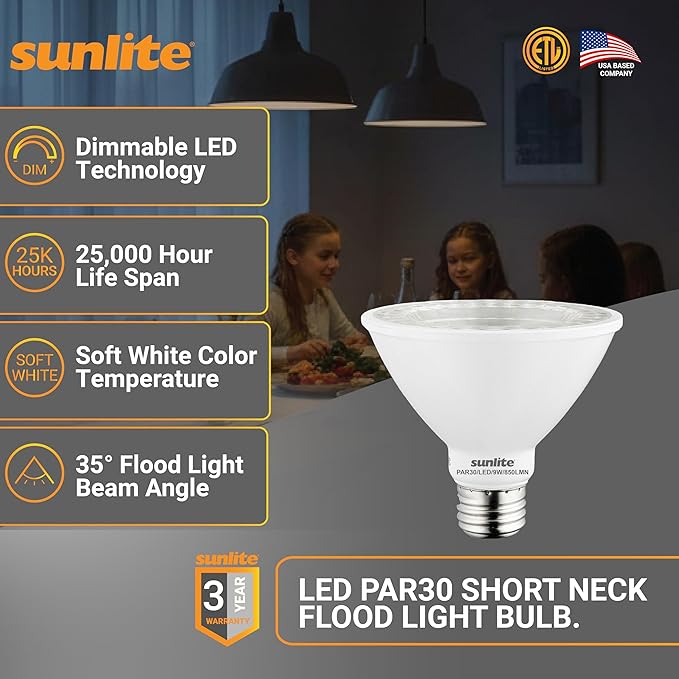 Sunlite LED PAR30 Short Neck Flood Light Bulb, 9 Watt, (75W Equivalent), 850 Lumens, Medium Screw (E26) Base, Dimmable, ETL Listed, 2700K Soft White, 6 Count