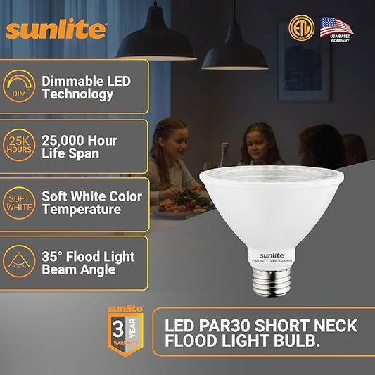 Sunlite LED PAR30 Short Neck Flood Light Bulb, 9 Watt, (75W Equivalent), 850 Lumens, Medium Screw (E26) Base, Dimmable, ETL Listed, 2700K Soft White, 6 Count