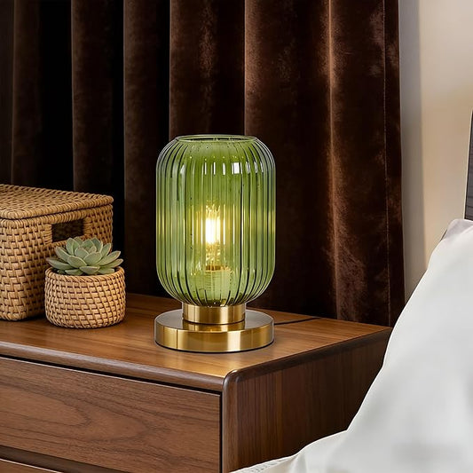 NKU Mid Century Modern Dimmable Table Lamp, Green Ribbed Glass Vintage Nightstand Lamp, Plug-in Bedside Lighting for Bedroom Living Room Office