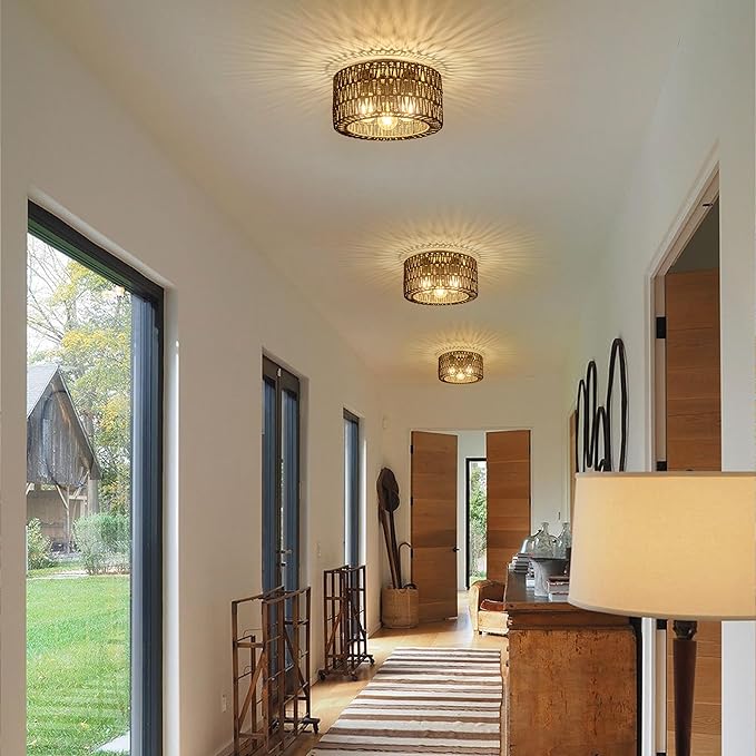 Rattan Ceiling Light Fixture, 3-Light Bohemian Modern Woven Ceiling Light, Black Boho Flush Mount Ceiling Light for Bedroom Living Room Dining Room, Bulb Not Included