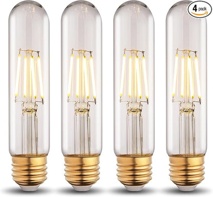 T10 Tubular Led Bulbs 60w Equivalent, Dimmable 5.25 Inch Led Tube Bulb, E26 T30 Edison Tubular Clear Light Bulbs, 2200K Warm Light Long Skinny 6W 4 Pack