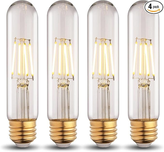 T10 Tubular Led Bulbs 60w Equivalent, Dimmable 5.25 Inch Led Tube Bulb, E26 T30 Edison Tubular Clear Light Bulbs, 2200K Warm Light Long Skinny 6W 4 Pack