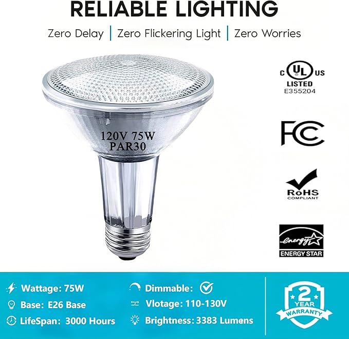 PAR30 120V 75W Long Neck Halogen Bulbs,PAR30 Flood Light Bulb, Dimmable, E26 Medium Base, 2700K Warm Lighting, 3000 Hours for Recessed Light Bulb, 6 Pack