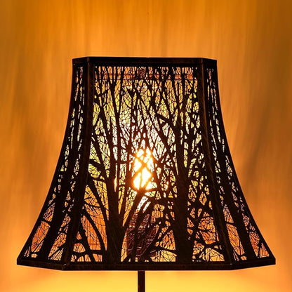 Metal Bell Lamp Shade, Large Lampshade (Spider Fitter) Square Cut Corner, Etched Forest Lamp Shades for Table Lamps and Floor Lamps, Bronze Gold Tree Pattern, 8" Top x 14" Bottom x 11" High