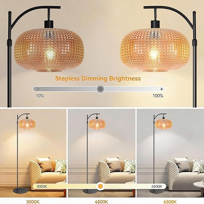 Modern Floor Lamps for Living Room, Dimmable Tall Standing Lamp with Amber Shade & Remote Control, Glass Floor Lamps for Bedroom Office Corner, 1 x 12W LED Bulb Included