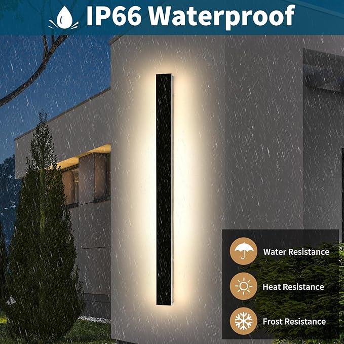 Modern Long Wall Light Fixture, 59inch Outdoor Wall Sconces, 3000K Warm White Light, Black Minimalist, Frosted Acrylic, IP65 Waterproof, Exterior Lights for House, Garage, Gardens, Porch