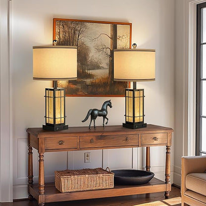 Black Table Lamps Set of 2, 24" Farmhouse Lamps for Living Room with USB C+A Ports, Industrial Retro Lamps for Bedroom, Nightstand Light Fixture, 2 Bulbs Included