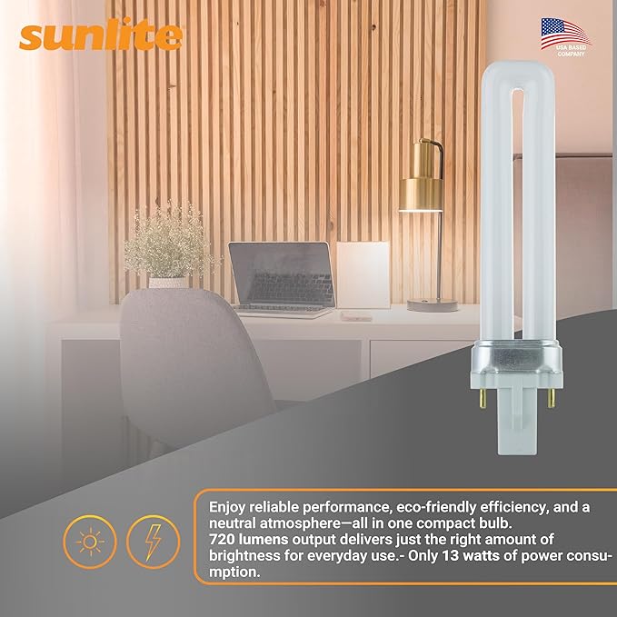 Sunlite PL13/SP27K Compact Fluorescent Single U-Shaped Twin Tube Light Bulb, 13 Watts, 120 Volts, 720 Lumens, 2-Pin GX23 Base, 2700K Soft White, 10 Pack